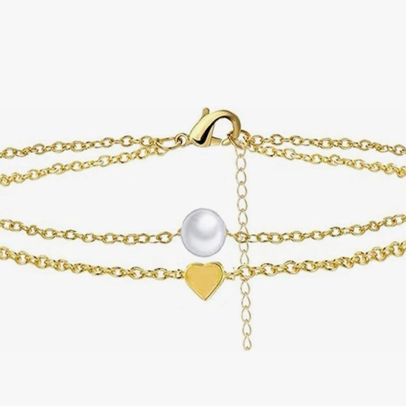 14K Gold Plated Anklet With Heart & Pearl - Picture 1 of 7